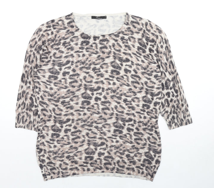 Bonmarché Womens Beige Round Neck Animal Print Polyester Pullover Jumper Size M - Leopard Print