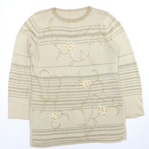 St Michael Womens Beige Round Neck Striped Cotton Pullover Jumper Size 14 - Floral