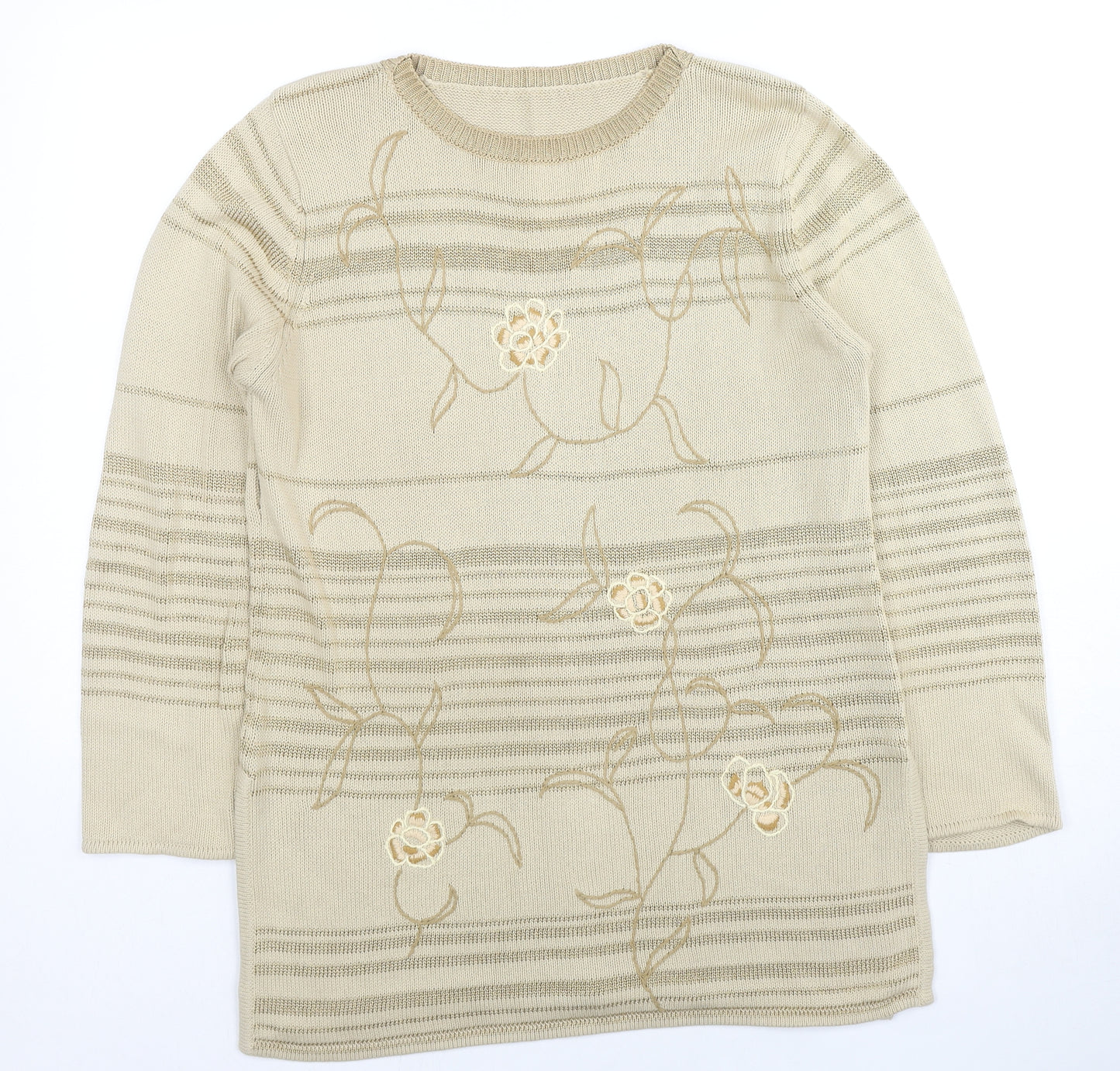 St Michael Womens Beige Round Neck Striped Cotton Pullover Jumper Size 14 - Floral