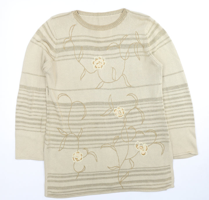 St Michael Womens Beige Round Neck Striped Cotton Pullover Jumper Size 14 - Floral