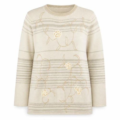 St Michael Womens Beige Round Neck Striped Cotton Pullover Jumper Size 14 - Floral