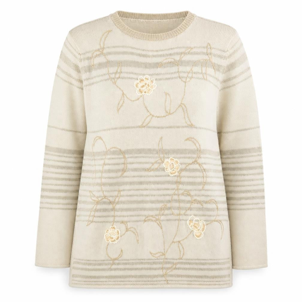 St Michael Womens Beige Round Neck Striped Cotton Pullover Jumper Size 14 - Floral