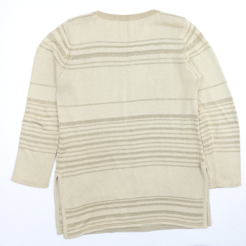 St Michael Womens Beige Round Neck Striped Cotton Pullover Jumper Size 14 - Floral