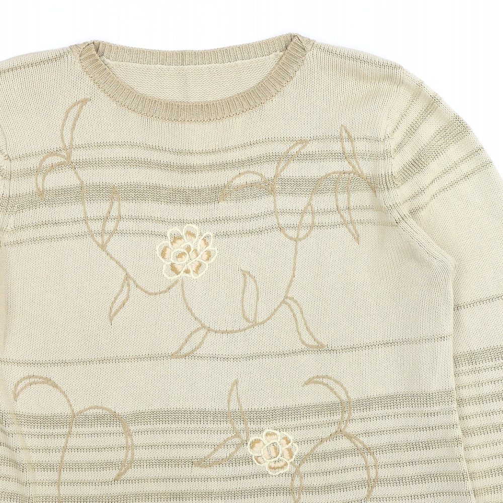 St Michael Womens Beige Round Neck Striped Cotton Pullover Jumper Size 14 - Floral