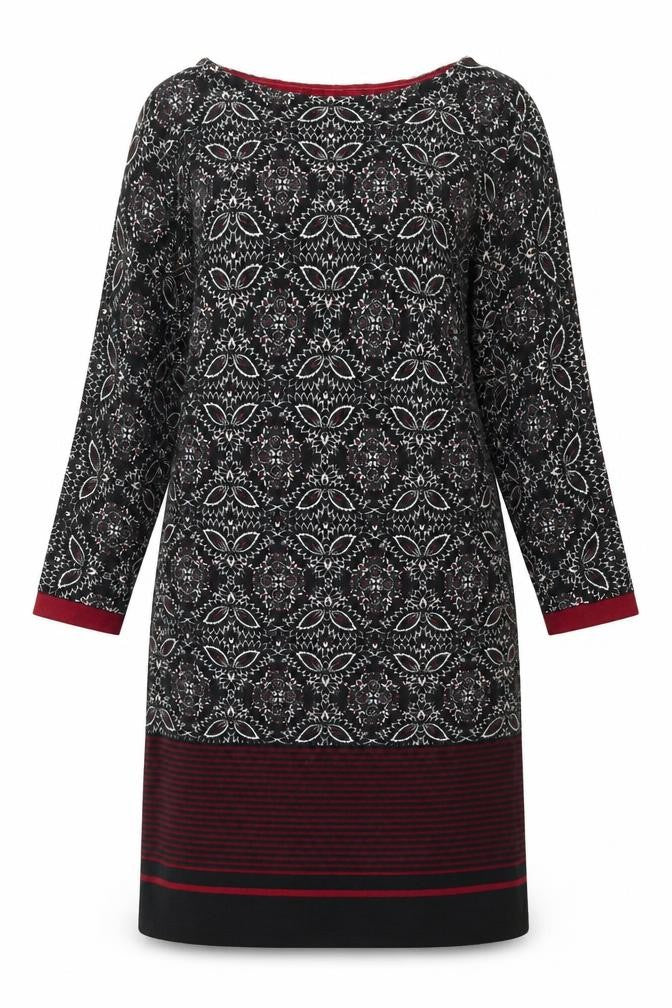 Front view of Scarlett women’s multicoloured geometric cotton kaftan, size UK 10, round neck pullover