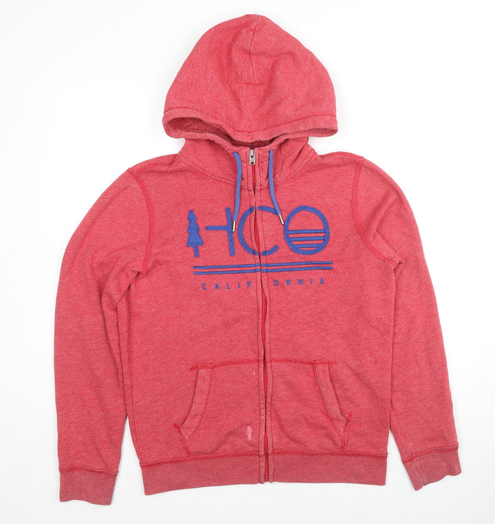 Hollister Mens Red Cotton Full Zip Hoodie Size S - Logo, Pocket, Drawstring