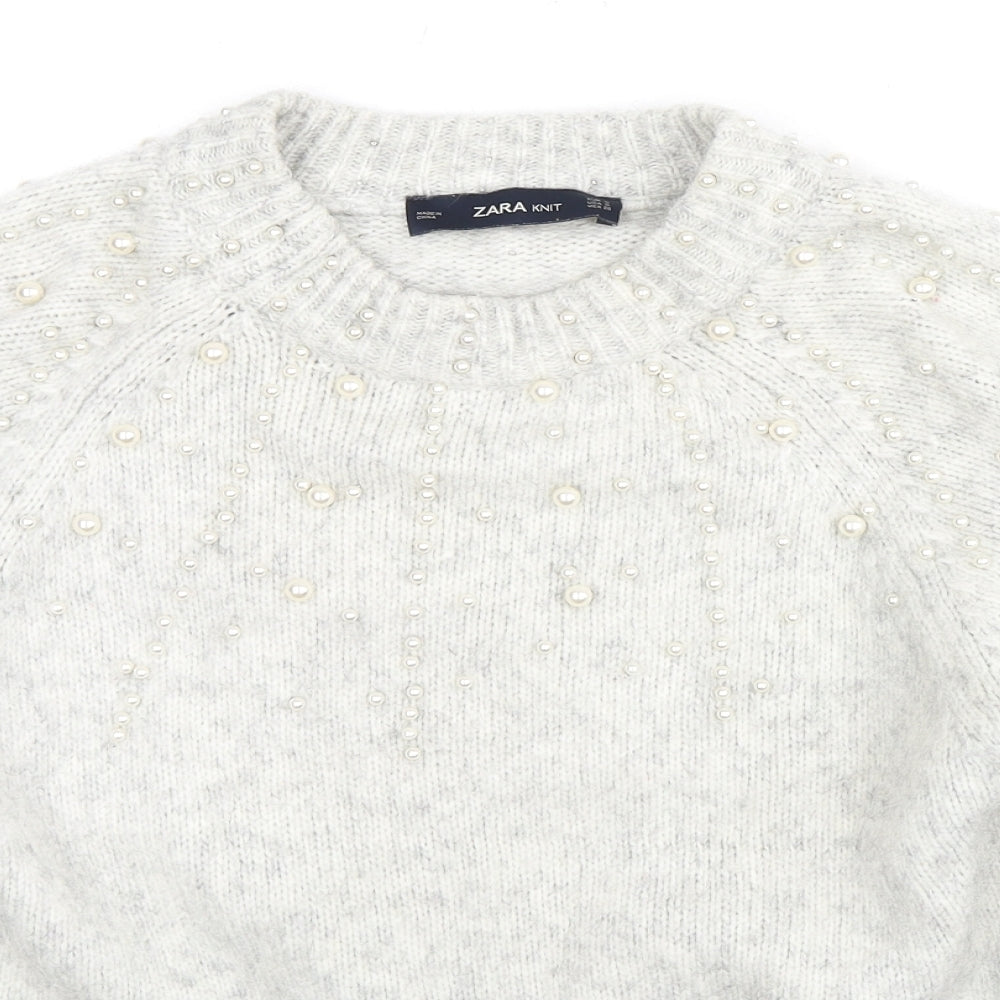 Zara Womens Grey Mock Neck Acrylic Pullover Jumper Size S - Pearl Cropped