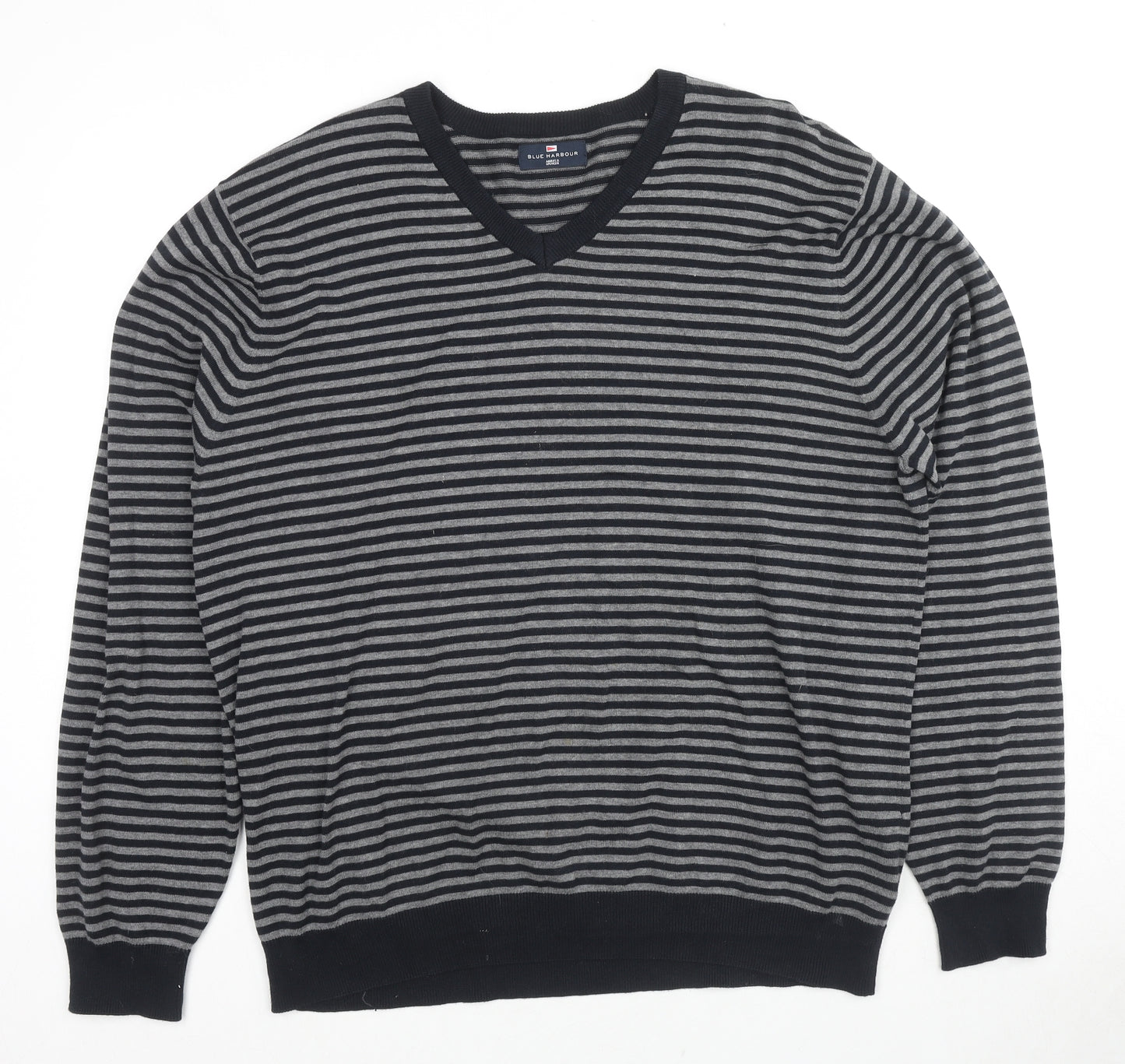 Marks and Spencer Mens Black V-Neck Striped Cotton Pullover Jumper Size XL Long Sleeve