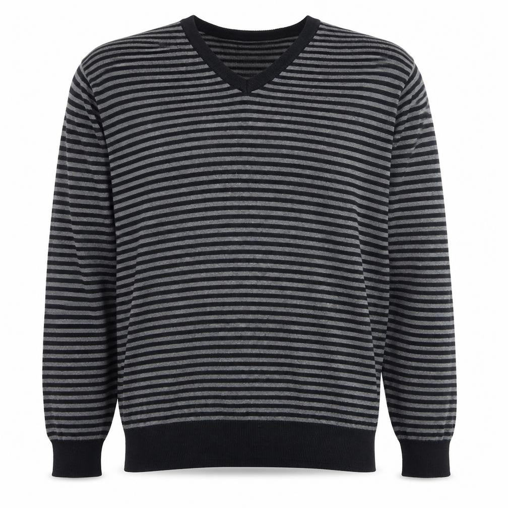 Marks and Spencer Mens Black V-Neck Striped Cotton Pullover Jumper Size XL Long Sleeve