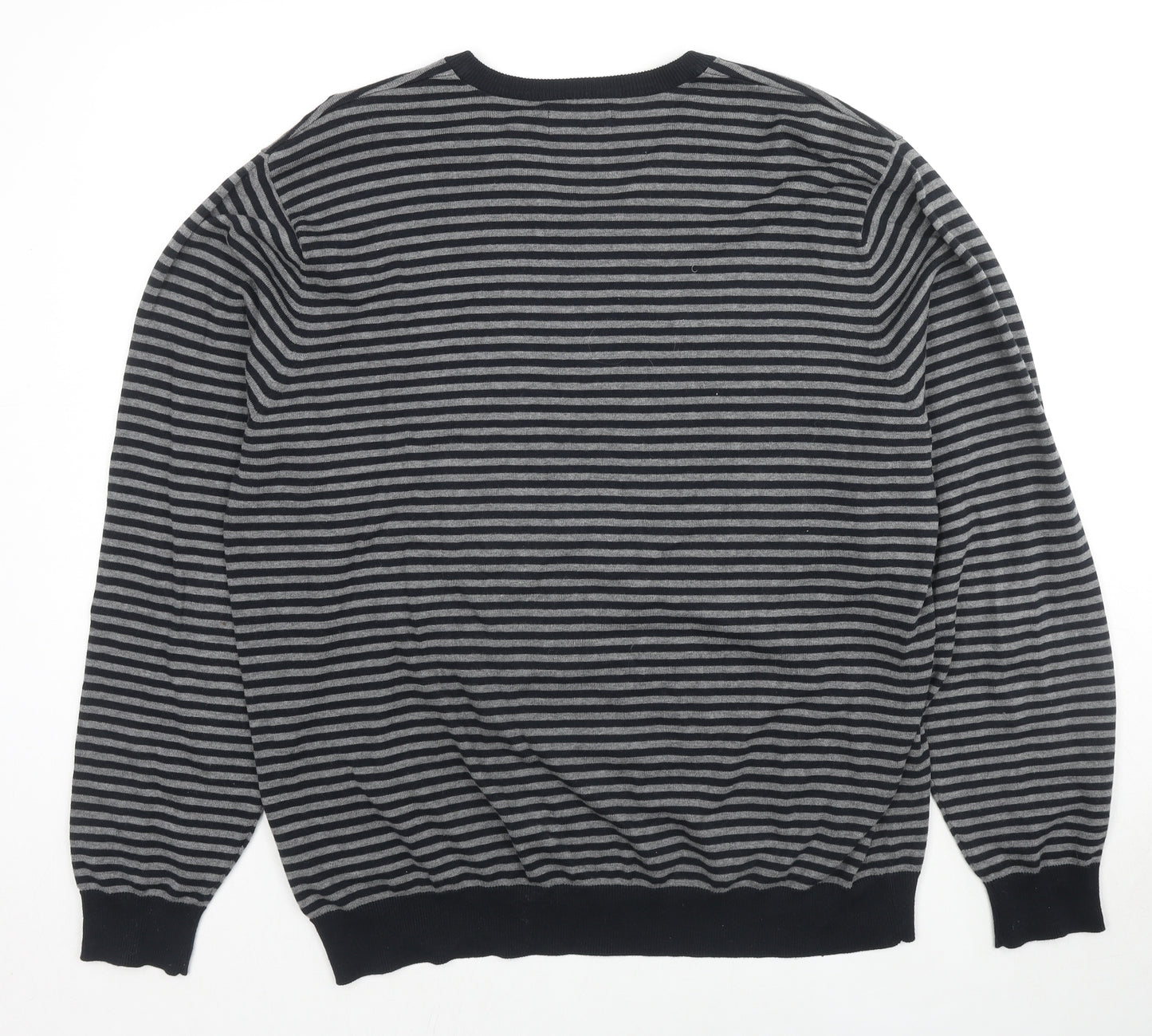 Marks and Spencer Mens Black V-Neck Striped Cotton Pullover Jumper Size XL Long Sleeve