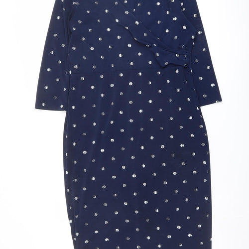 Classic Womens Blue Geometric Polyester Pencil Dress Size 12 V-Neck Pullover