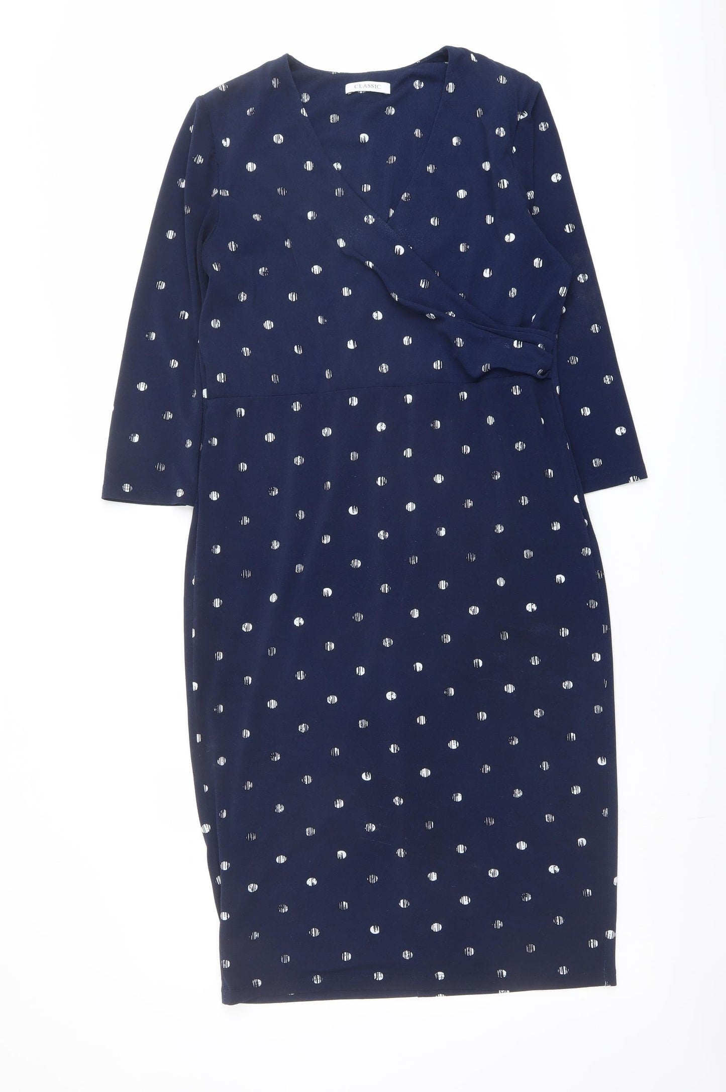 Classic Womens Blue Geometric Polyester Pencil Dress Size 12 V-Neck Pullover