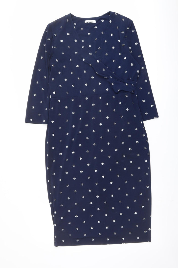 Classic Womens Blue Geometric Polyester Pencil Dress Size 12 V-Neck Pullover