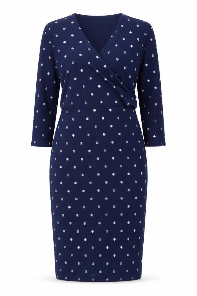 Front view of Classics women’s blue geometric polyester pencil dress, size UK 12, v-neck pullover