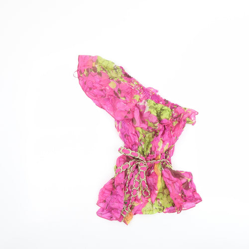 River Island Womens Pink Floral Silk Basic Blouse Size 16 One Shoulder - Belted