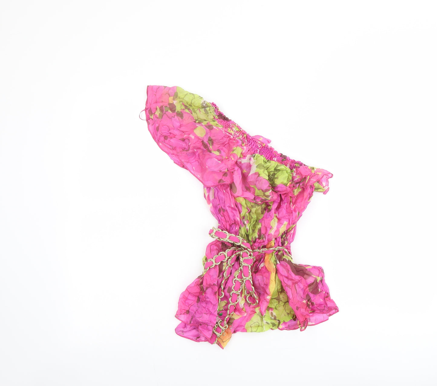 River Island Womens Pink Floral Silk Basic Blouse Size 16 One Shoulder - Belted