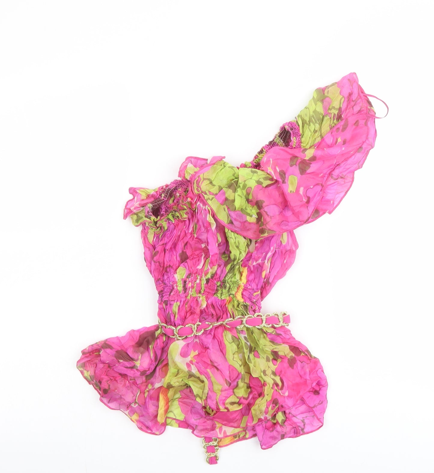 River Island Womens Pink Floral Silk Basic Blouse Size 16 One Shoulder - Belted