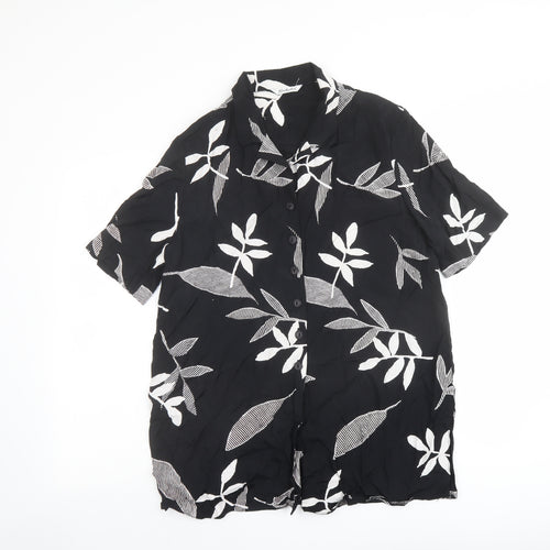 Berkertex Womens Black Geometric Viscose Basic Button-Up Size 14 Collared - Leaf Print