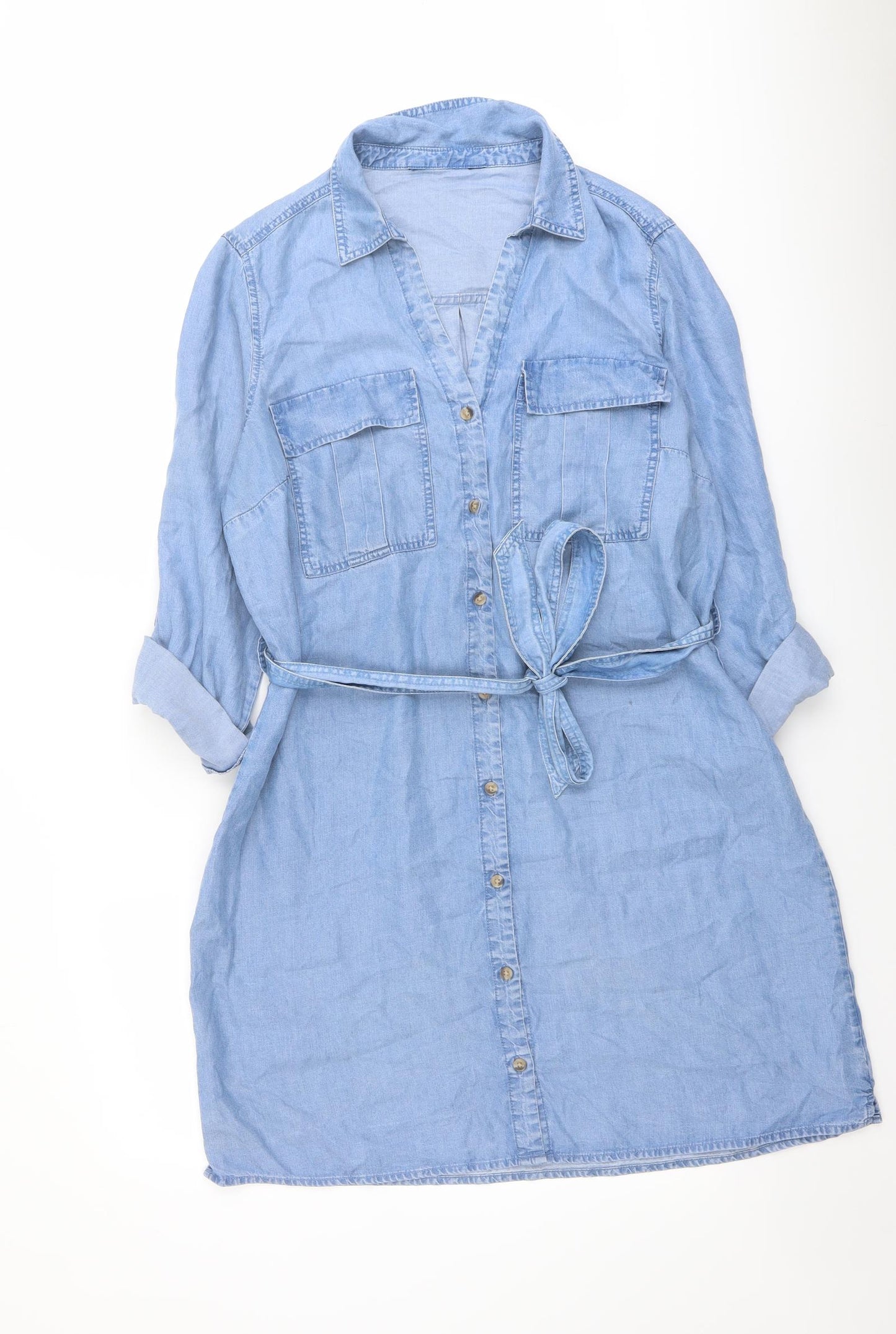 F&F Womens Blue Lyocell Shirt Dress Size 14 Collared Button