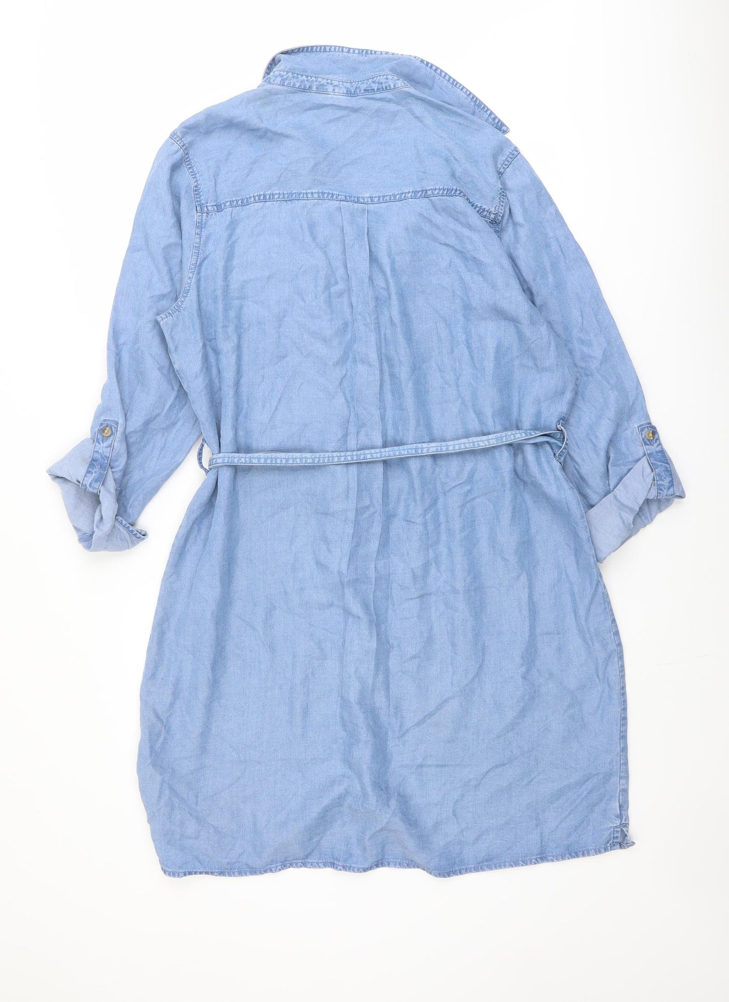 F&F Womens Blue Lyocell Shirt Dress Size 14 Collared Button