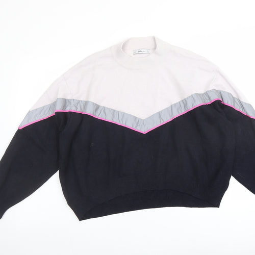 Zara Womens Blue Mock Neck Acrylic Pullover Jumper Size S - Colour Block Reflective Stripe