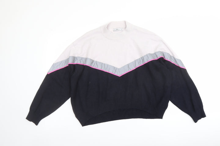 Zara Womens Blue Mock Neck Acrylic Pullover Jumper Size S - Colour Block Reflective Stripe
