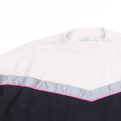 Zara Womens Blue Mock Neck Acrylic Pullover Jumper Size S - Colour Block Reflective Stripe