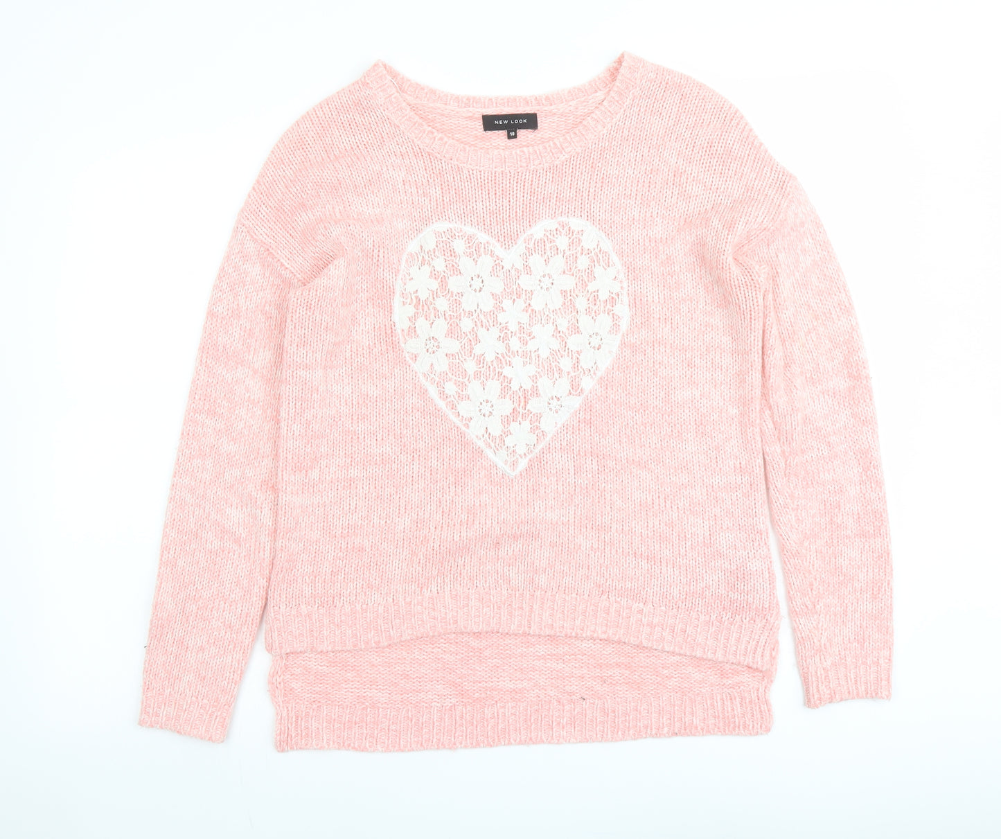 New Look Womens Pink Round Neck Acrylic Pullover Jumper Size 10 - Lace Heart