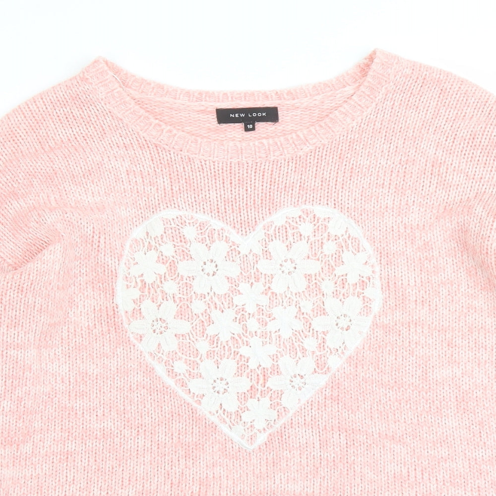 New Look Womens Pink Round Neck Acrylic Pullover Jumper Size 10 - Lace Heart