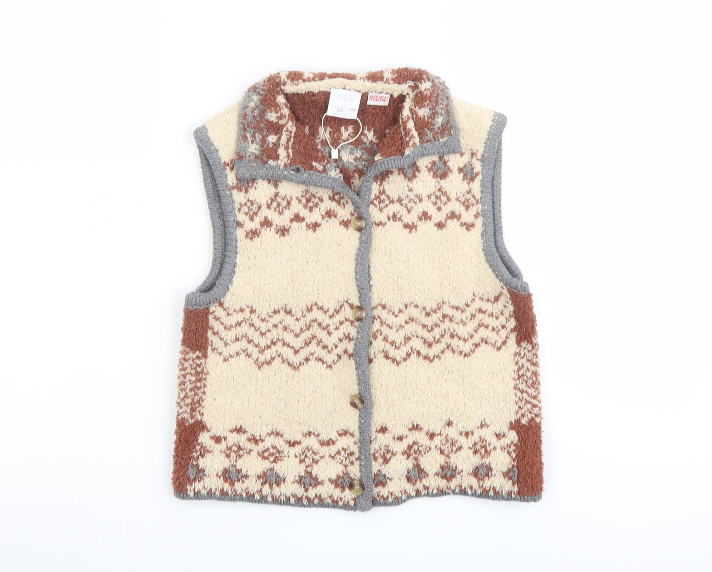 Zara Boys Beige Round Neck Geometric Polyester Cardigan Jumper Size 3-4 Years Button