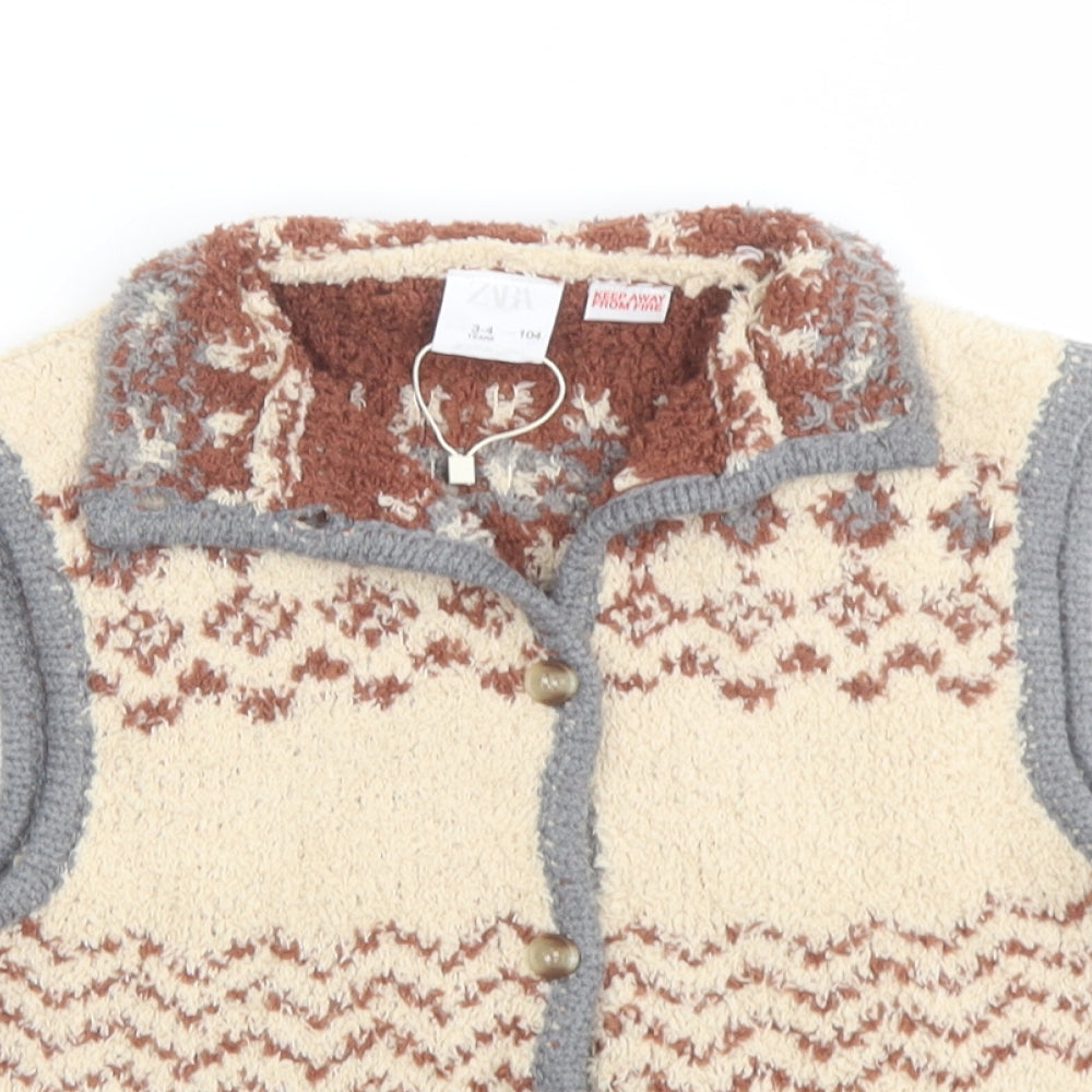 Zara Boys Beige Round Neck Geometric Polyester Cardigan Jumper Size 3-4 Years Button