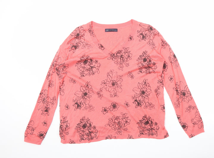 Marks and Spencer Womens Pink V-Neck Floral Acrylic Pullover Jumper Size M