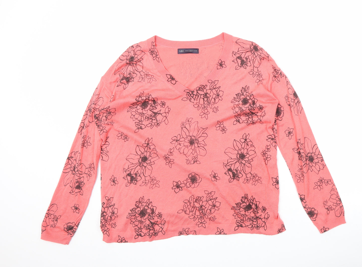 Marks and Spencer Womens Pink V-Neck Floral Acrylic Pullover Jumper Size M