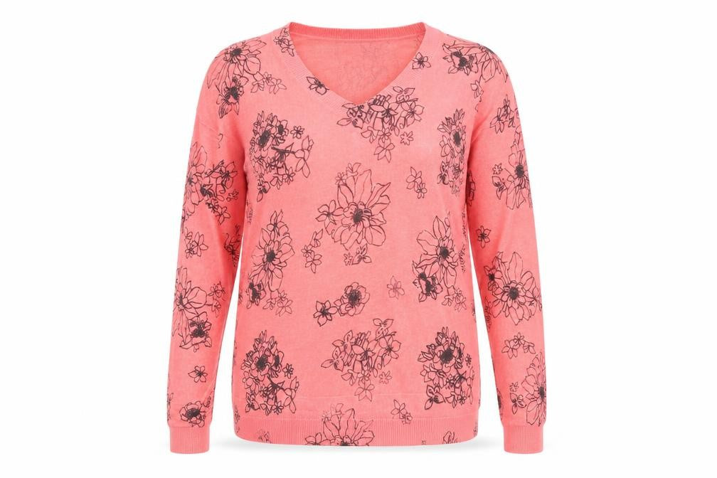 Marks and Spencer Womens Pink V-Neck Floral Acrylic Pullover Jumper Size M