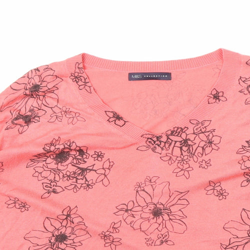 Marks and Spencer Womens Pink V-Neck Floral Acrylic Pullover Jumper Size M