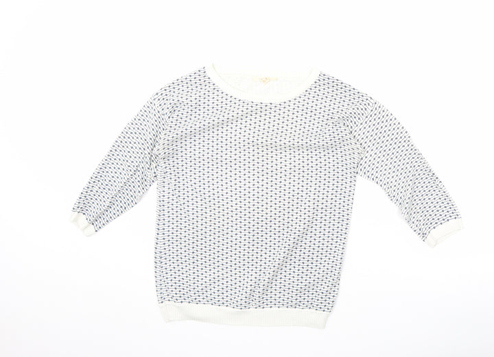 Esprit Womens Ivory Round Neck Geometric Cotton Pullover Jumper Size XS
