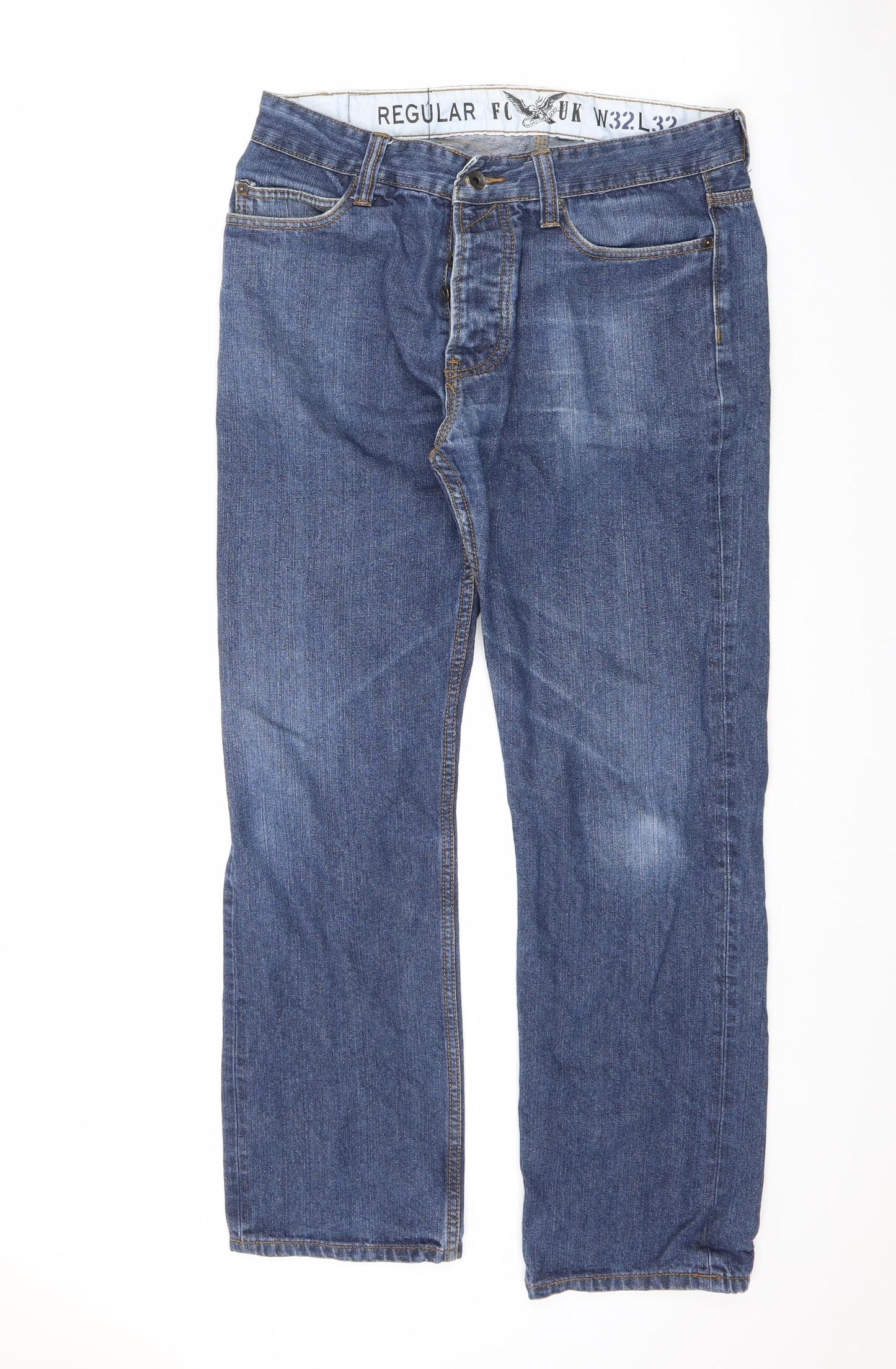 Fcuk Mens Blue Cotton Straight Jeans Size 32 in L32 in Regular Button