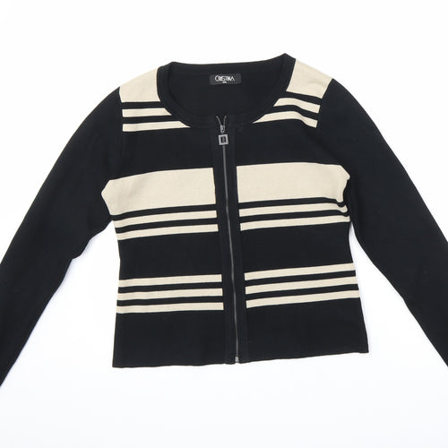 Cristina Womens Black Round Neck Viscose Full Zip Jumper Size M - Striped Zipped Cuffs Size M-L