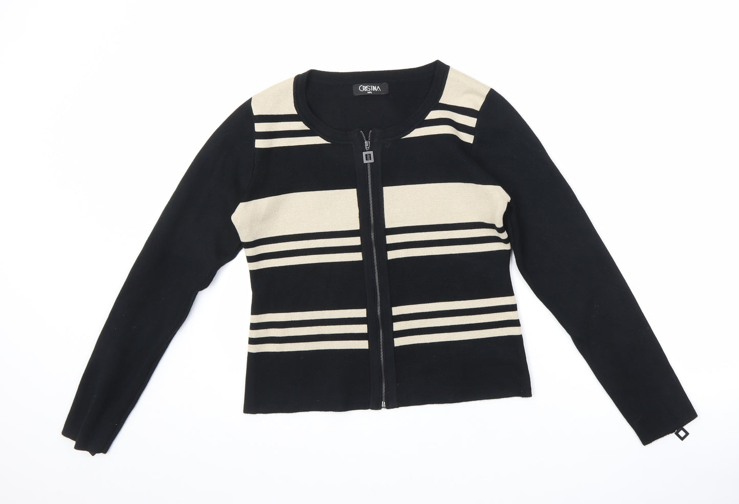 Cristina Womens Black Round Neck Viscose Full Zip Jumper Size M - Striped Zipped Cuffs Size M-L