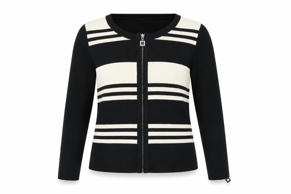 Cristina Womens Black Round Neck Viscose Full Zip Jumper Size M - Striped Zipped Cuffs Size M-L