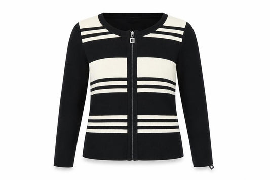 Front view of Cristina women’s black round neck viscose full zip jumper, size M, - striped zipped cuffs, size M-l