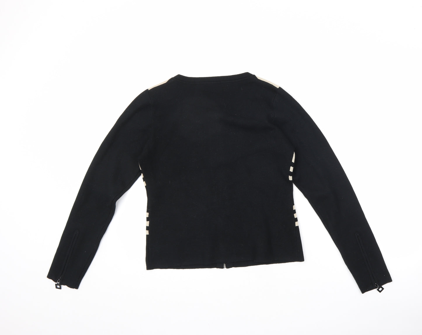 Cristina Womens Black Round Neck Viscose Full Zip Jumper Size M - Striped Zipped Cuffs Size M-L