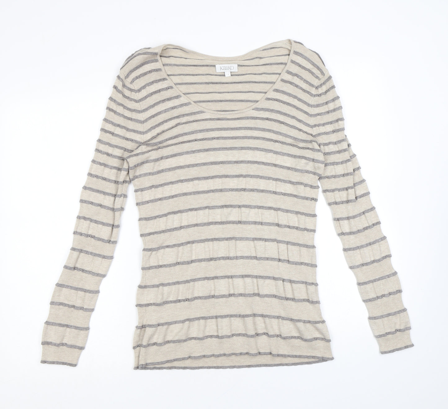Kaliko Womens Beige Scoop Neck Striped Viscose Pullover Jumper Size 14 - Ruffles