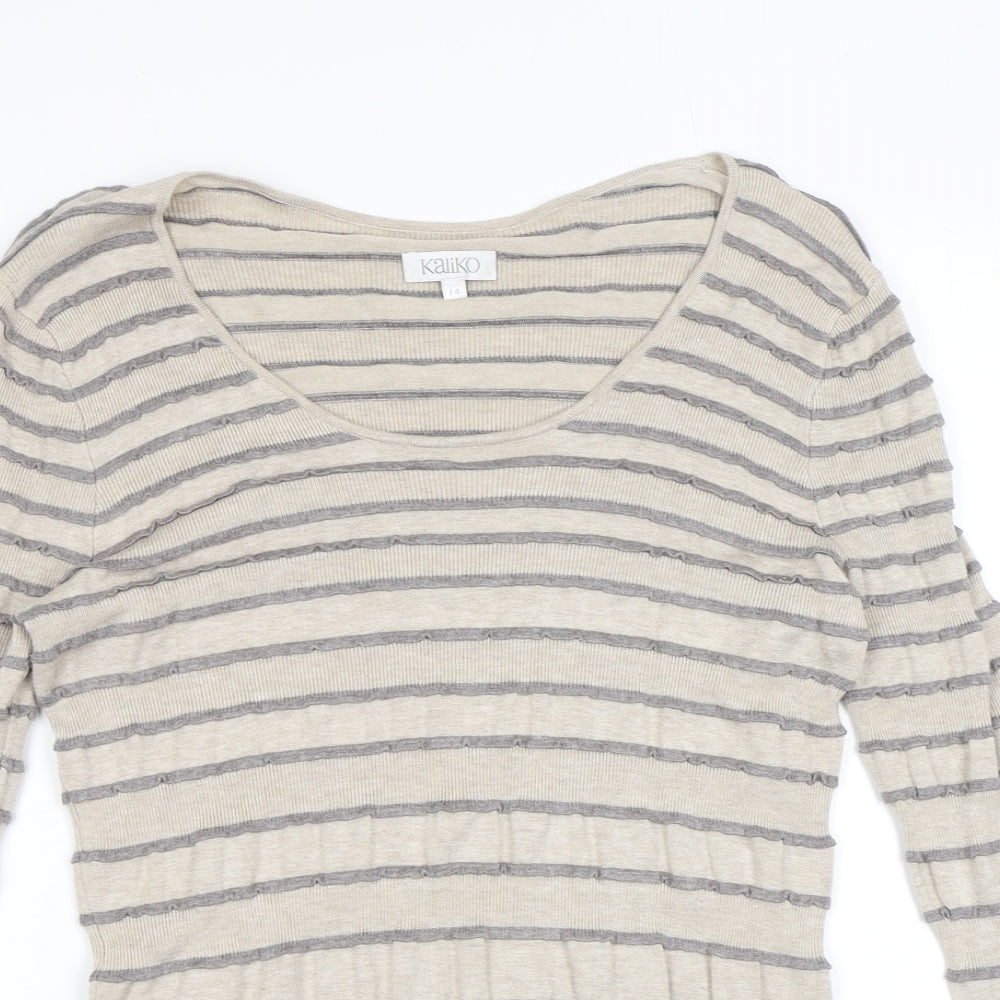 Kaliko Womens Beige Scoop Neck Striped Viscose Pullover Jumper Size 14 - Ruffles