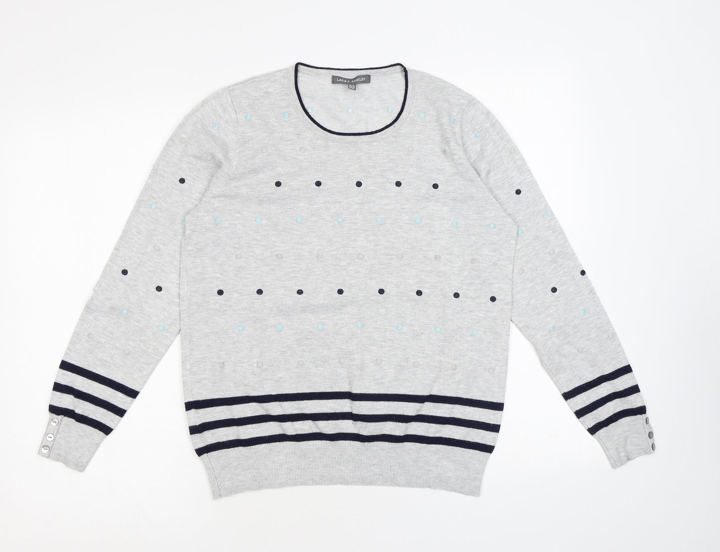 Laura Ashley Womens Grey Round Neck Polka Dot Viscose Pullover Jumper Size 12 - Stripe Detail