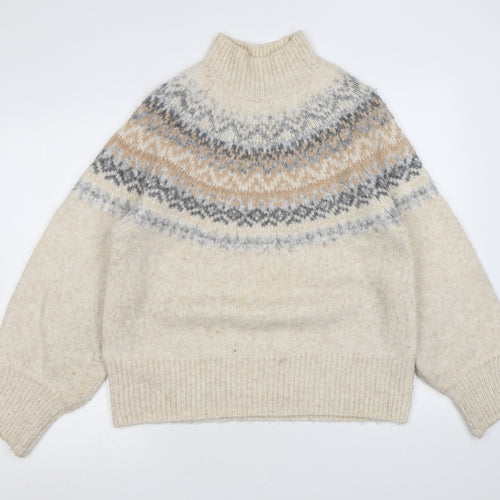 Marks and Spencer Womens Beige Mock Neck Acrylic Pullover Jumper Size M - Geometric Detailing
