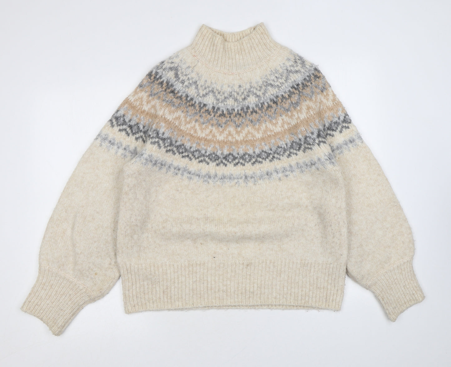 Marks and Spencer Womens Beige Mock Neck Acrylic Pullover Jumper Size M - Geometric Detailing