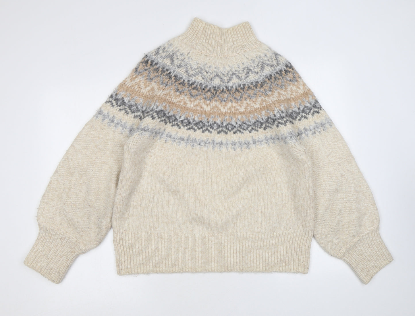 Marks and Spencer Womens Beige Mock Neck Acrylic Pullover Jumper Size M - Geometric Detailing