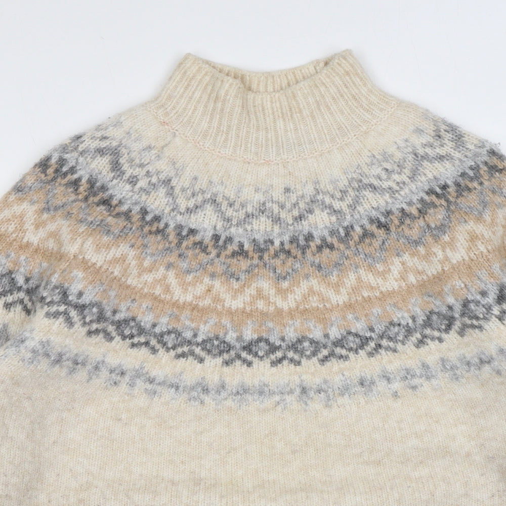 Marks and Spencer Womens Beige Mock Neck Acrylic Pullover Jumper Size M - Geometric Detailing