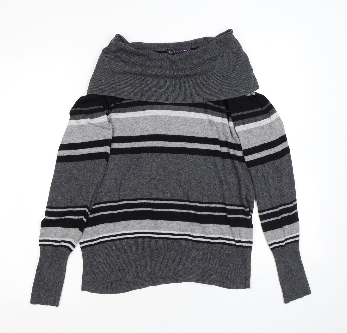 Marks and Spencer Womens Grey Roll Neck Striped Viscose Pullover Jumper Size 14